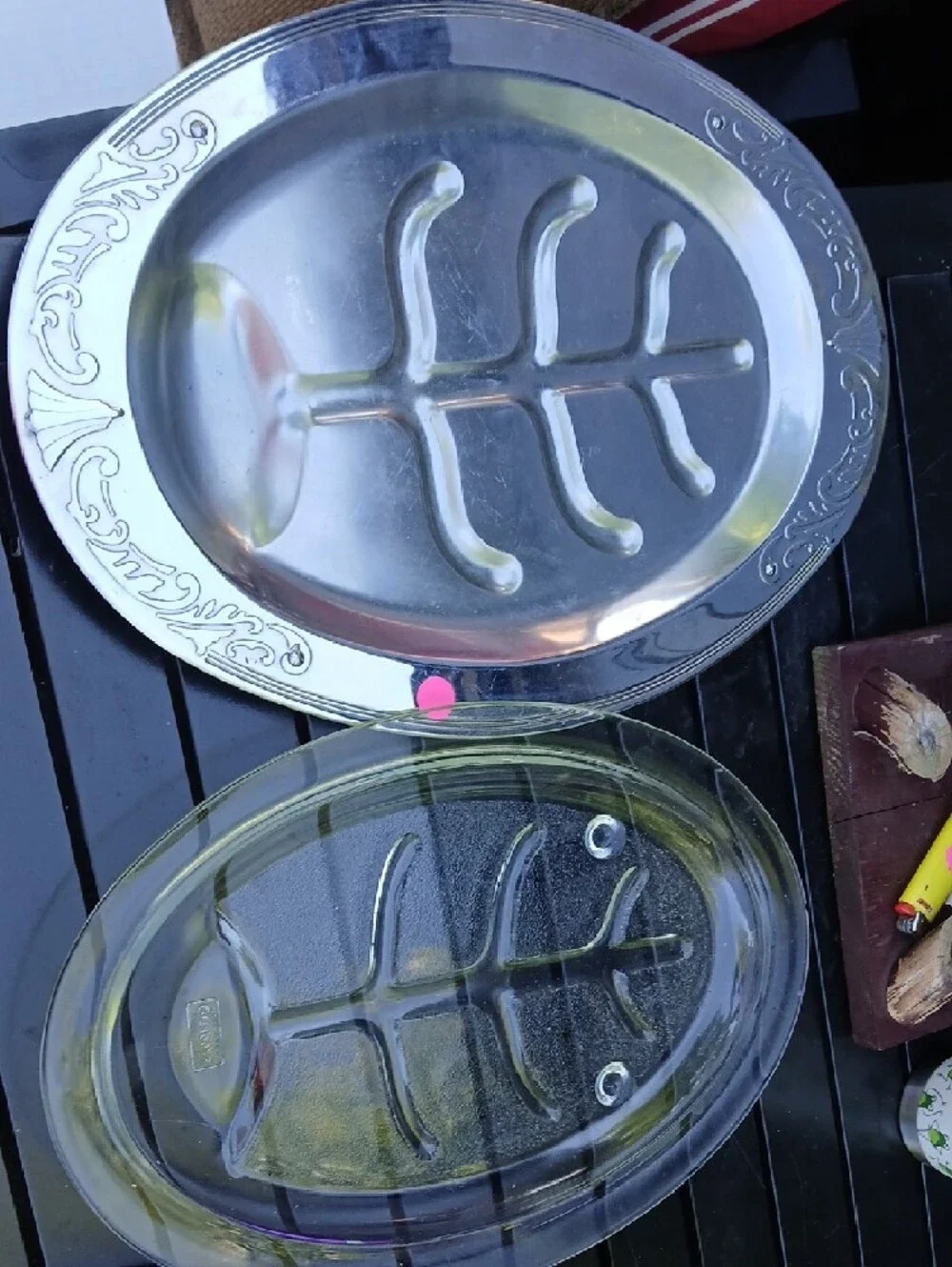 Fire King Silver Oval Meat Serving Platter with Tree-Branch Divided Design